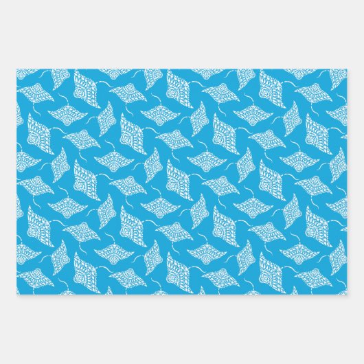 Ocean Manta Rays Polynesische Stijl Blauw Wit Inpakpapier Vel (Voorkant 3)