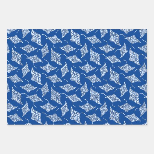 Ocean Manta Rays Polynesische Stijl Blauw Wit Inpakpapier Vel (Voorkant 2)