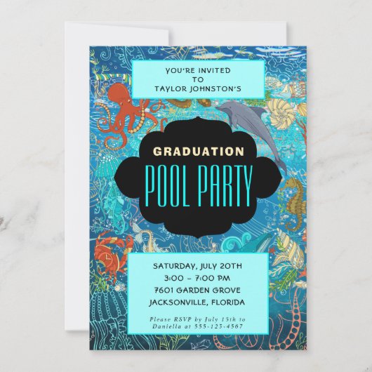 Ocean Marine Life Afstuderen Swimble Pool Party Kaart (Voorkant)