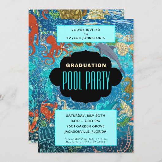 Ocean Marine Life Afstuderen Swimble Pool Party Kaart (Voorkant / Achterkant)