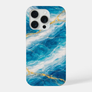 Ocean marmer met witte wervelingen en gouden aders iPhone 15 pro case