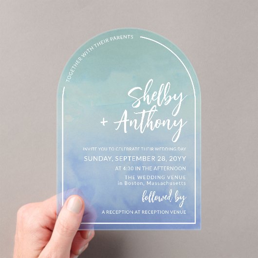 Ocean Mist Blue Blauwgroen Arch Lijst Wedding Acryl Uitnodigingen (Insitu (Draagbaar))