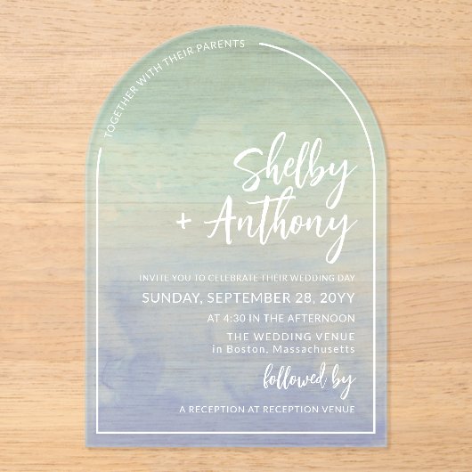 Ocean Mist Blue Blauwgroen Arch Lijst Wedding Acryl Uitnodigingen (Voorkant)