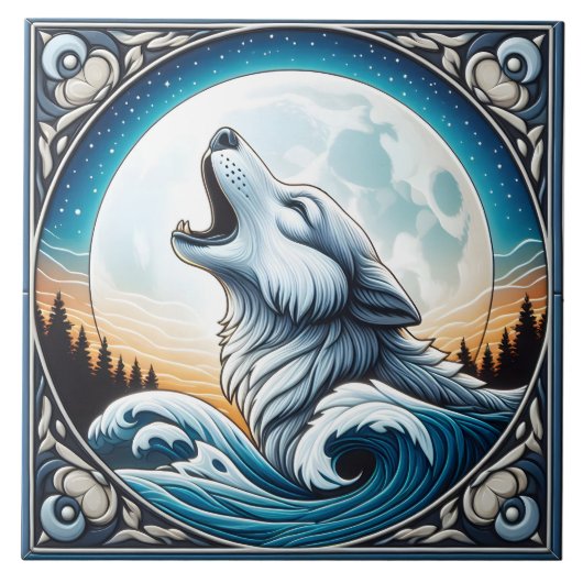 Ocean & Moon achtergrond met Wolf Tegel ontwerp Tegeltje (Voorkant)