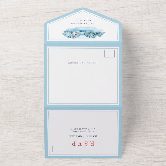 Ocean Mountain Lighthouse Blue Waterverf Wedding All In One Uitnodiging (Buitenkant)