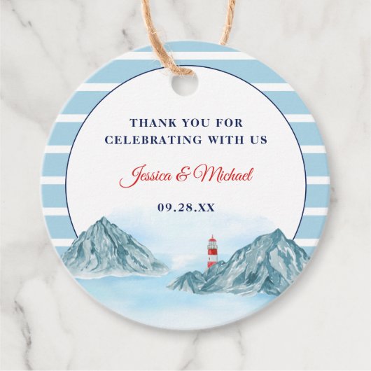 Ocean Mountain Lighthouse Blue Waterverf Wedding Bedankjes Labels (Voorkant)