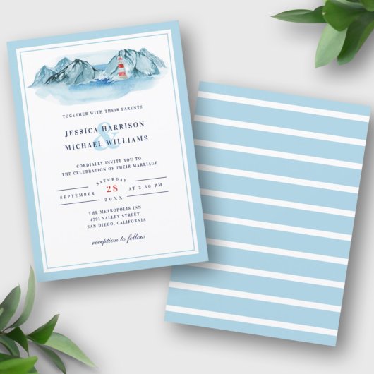 Ocean Mountain Lighthouse Blue Waterverf Wedding Kaart