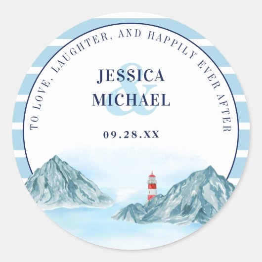 Ocean Mountain Lighthouse Blue Waterverf Wedding Ronde Sticker (Voorkant)