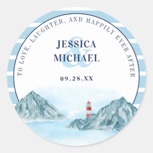 Ocean Mountain Lighthouse Blue Waterverf Wedding Ronde Sticker