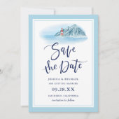 Ocean Mountain Lighthouse Blue Waterverf Wedding Save The Date (Voorkant)