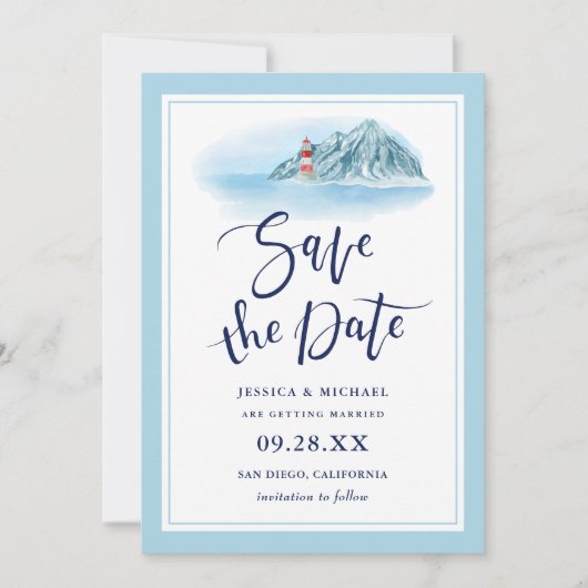 Ocean Mountain Lighthouse Blue Waterverf Wedding Save The Date (Voorkant)