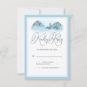 Ocean Mountain Lighthouse Light Blue Wedding RSVP Kaartje