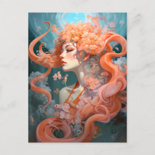 Ocean Nymph Coral Pink Blue Fantasy Art Briefkaart