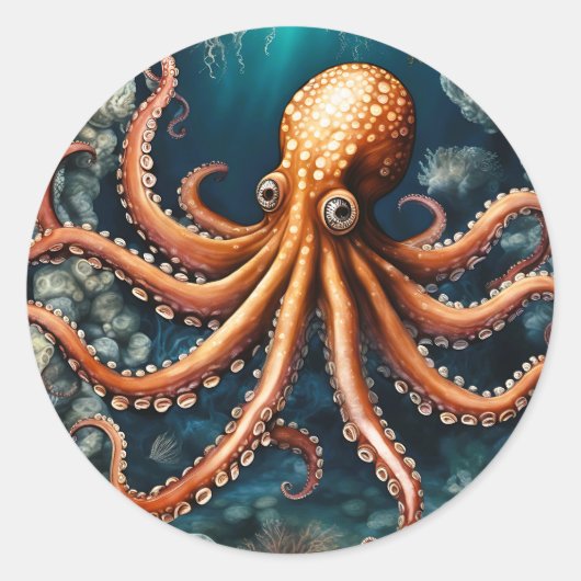 Ocean Octopus Deep Blue Ronde Sticker (Voorkant)