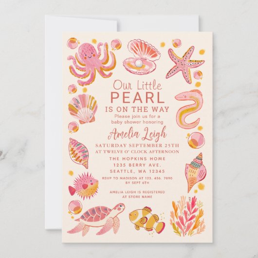Ocean Pearl Zee Creatures Pink Girl Baby shower Kaart (Voorkant)