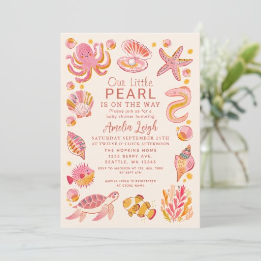 Ocean Pearl Zee Creatures Pink Girl Baby shower Kaart (Staand voorkant)