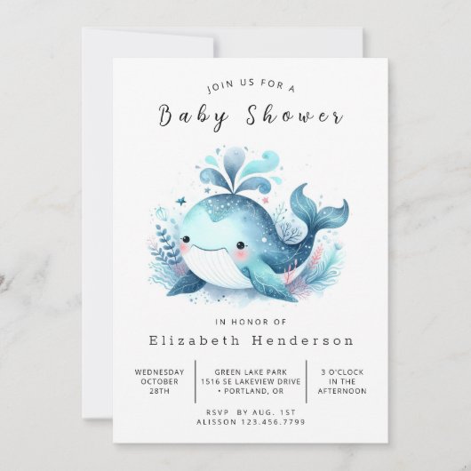 Ocean Printable Whale Baby shower Kaart (Voorkant)