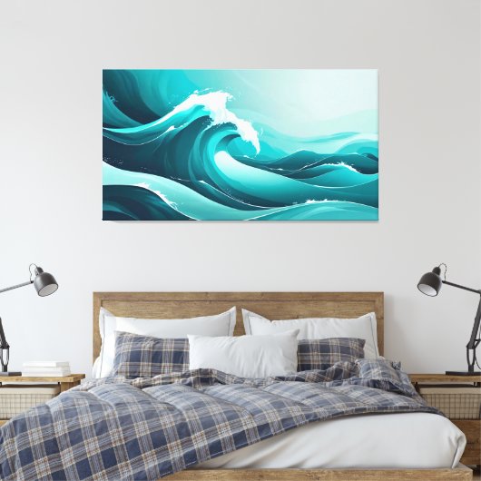 Ocean Pulse – gestileerde golfkunst in blauwe tint Canvas Afdruk (Insitu (Slaapkamer))