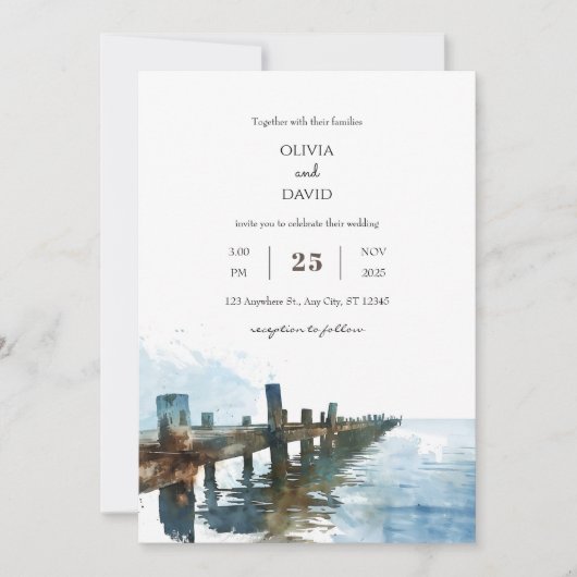Ocean rustieke houten pier Waterverf strand bruilo Kaart (Voorkant)