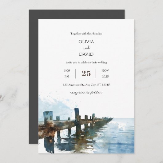 Ocean rustieke houten pier Waterverf strand bruilo Kaart (Voorkant / Achterkant)