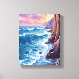 Ocean’s Breath | Rocky Sea Sunset Coast Watercolor Canvas Afdruk