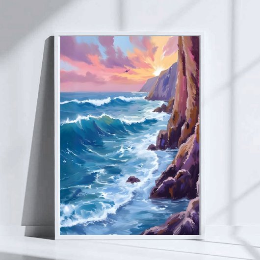 Ocean’s Breath | Rocky Sea Sunset Coast Watercolor Poster