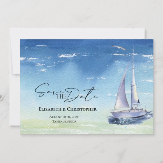 Ocean Sail Boat Yacht Club Waterverf Blue Save The Date (Voorkant)