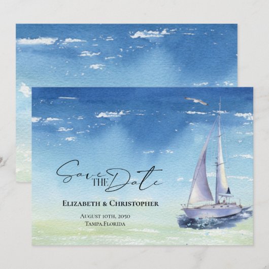 Ocean Sail Boat Yacht Club Waterverf Blue Save The Date (Voorkant / Achterkant)