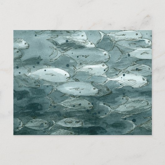 Ocean School of Fish Black White Waterverf Briefkaart (Voorkant)