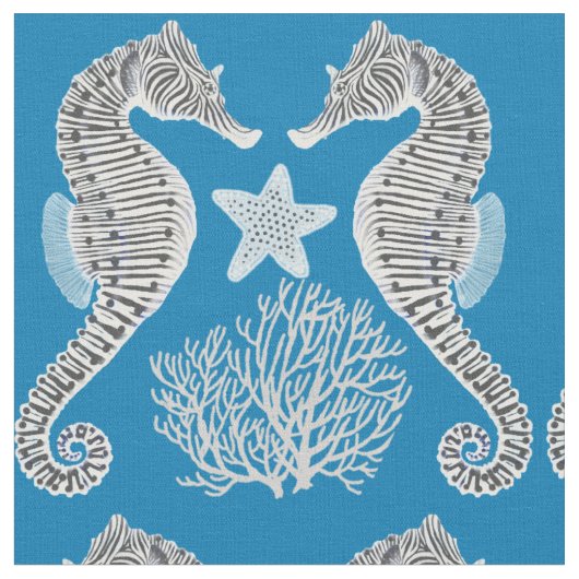 Ocean Seahorse Starfish Coral Fabric Stof (Close Up)