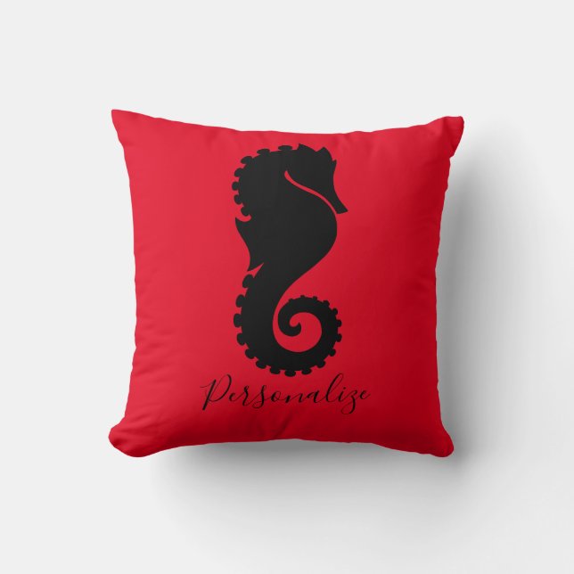 Ocean Seahorse Zwart Rood Gepersonaliseerd Kussen (Voorkant)