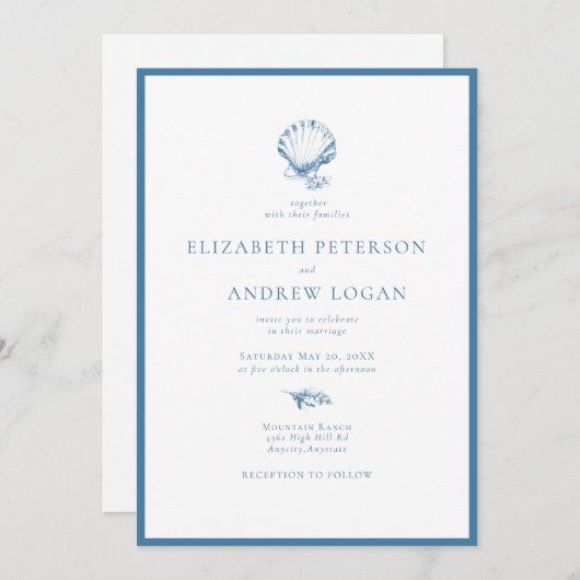 Ocean Seashell | Blue Wedding Kaart (Voorkant / Achterkant)