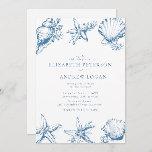 Ocean Seashell | Blue Wedding Kaart (Voorkant / Achterkant)