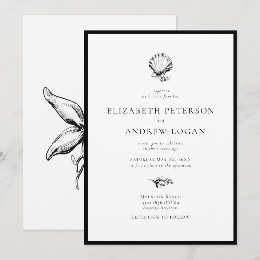 Ocean Seashell Modern Minimal Black White Wedding Kaart (Voorkant / Achterkant)