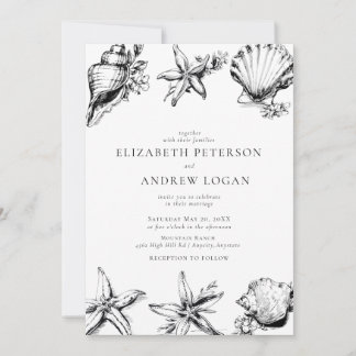 Ocean Seashell Modern Minimal Black White Wedding Kaart