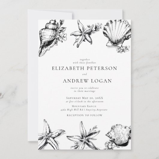 Ocean Seashell Modern Minimal Black White Wedding Kaart (Voorkant)