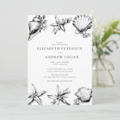 Ocean Seashell Modern Minimal Black White Wedding Kaart (Staand voorkant)