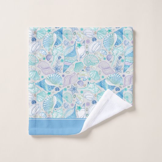 Ocean Seashell Patroon met Naam Blauw Bad Handdoek (Wasdoekje)