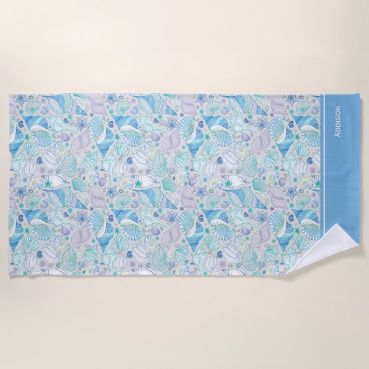  Ocean Seashell Patroon met Naam Blauw Strandlaken (Voorkant)