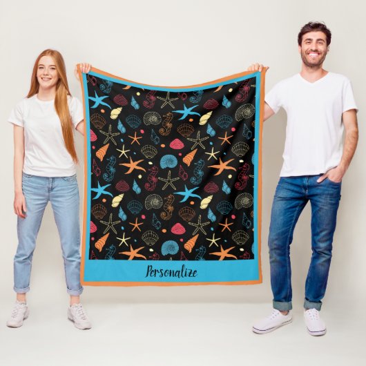 Ocean Seashell Starfish & Seahorse Beach Patroon Fleece Deken (In situ)