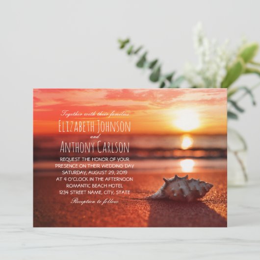 Ocean Seashell Sunset Beach Thed Wedding Kaart (Staand voorkant)