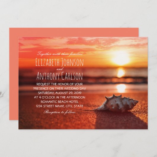 Ocean Seashell Sunset Beach Thed Wedding Kaart (Voorkant / Achterkant)