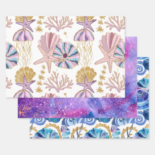 Ocean Seashells Starfish Blue Paars Gold roze Inpakpapier Vel