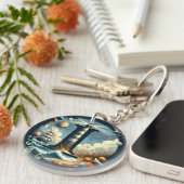 Ocean Seashore Lighthouse Zeilboot Monogram I Sleutelhanger (Voorkant Rechts)