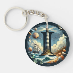 Ocean Seashore Lighthouse Zeilboot Monogram I Sleutelhanger