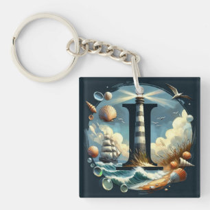 Ocean Seashore Lighthouse Zeilboot Monogram I Sleutelhanger