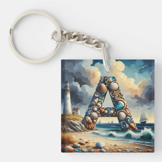 Ocean Seashore Vuurtoren Zeilboot Monogram A Sleutelhanger (Voorkant)