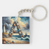 Ocean Seashore Vuurtoren Zeilboot Monogram A Sleutelhanger (Achterkant)