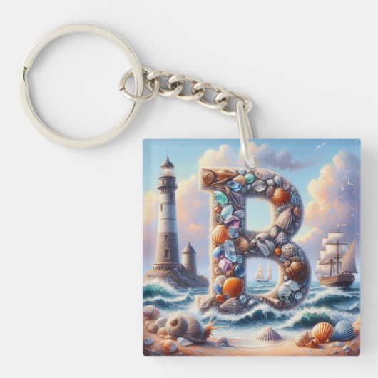 Ocean Seashore Vuurtoren Zeilboot Monogram B Sleutelhanger (Voorkant)