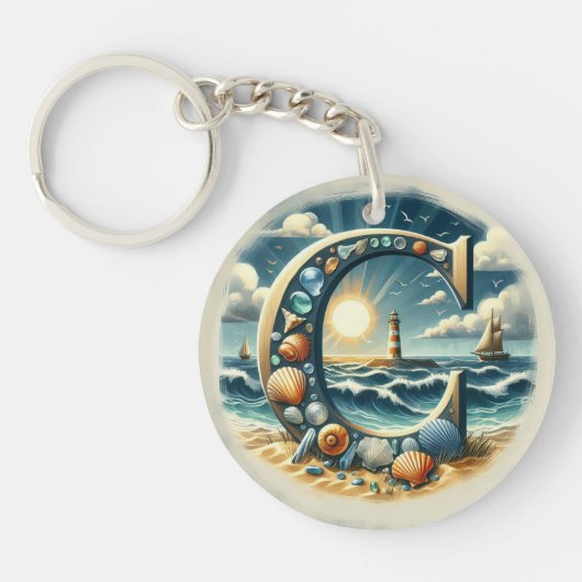 Ocean Seashore Vuurtoren Zeilboot Monogram C Sleutelhanger (Voorkant)